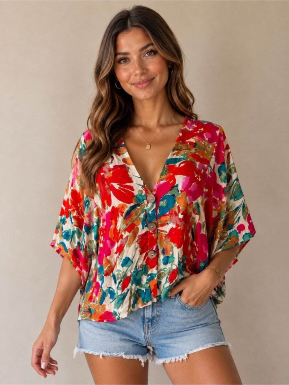New Vici Kimono Sleeve Top S Relaxed Floral Colorful Boho Tropical Resort Beach